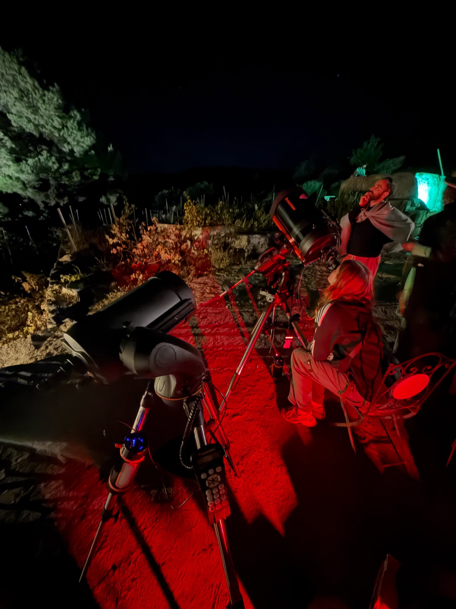 Participants gathered around telescopes during an outdoor night-time astronomy session.